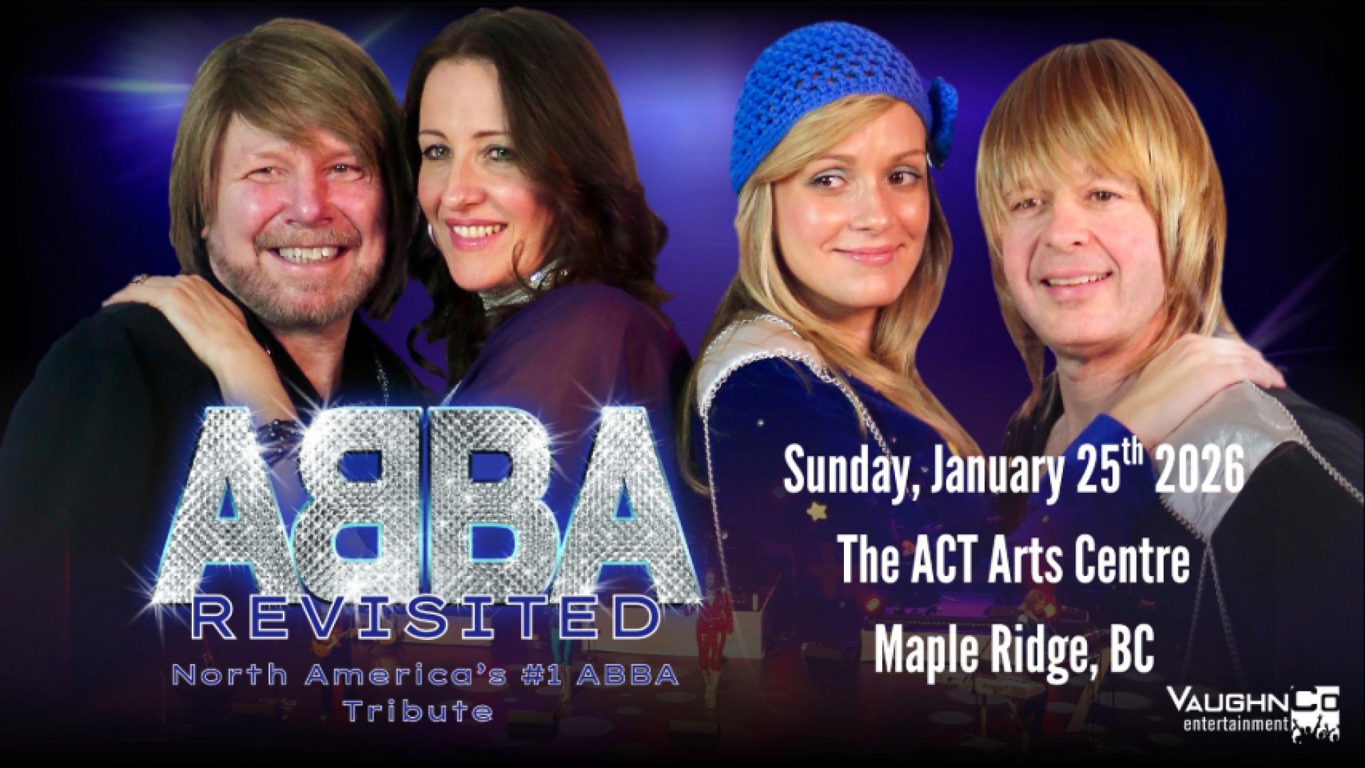 Four performers smile at the camera, advertising their show, Abba Revisited.
