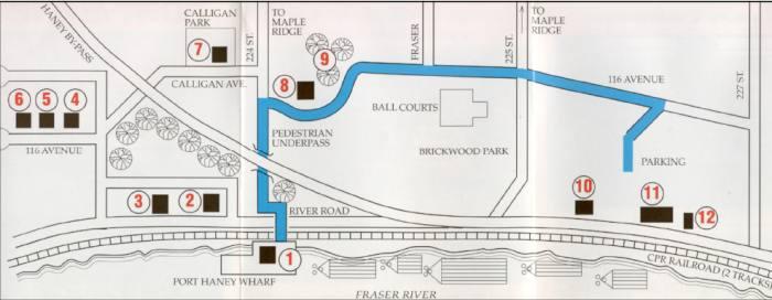 Heritage walk map detailing the different heritage building stops in Maple Ridge.