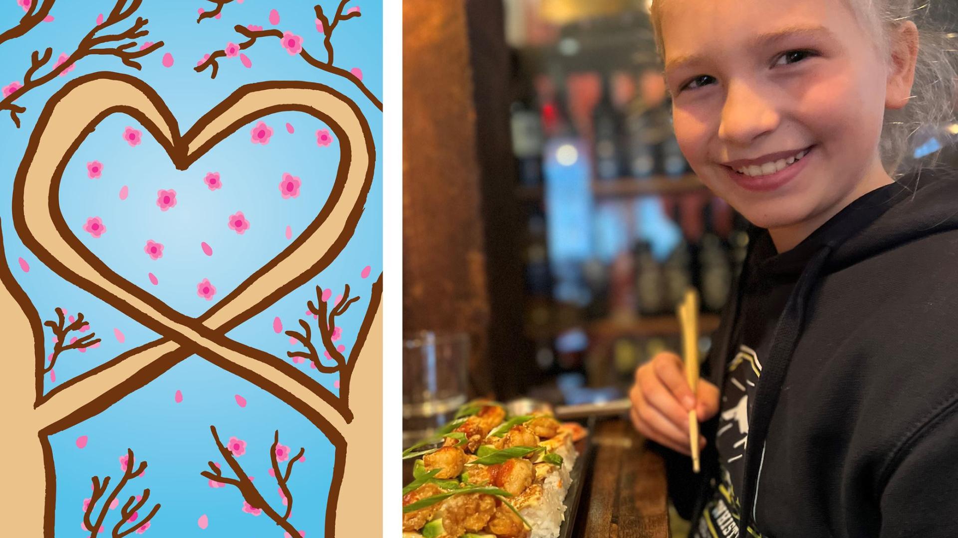 Two panels - the first is a drawing of two trees reaching out branches to form a heart, the second is a photo of Charlotte Johnson, a young girl, eating sushi.