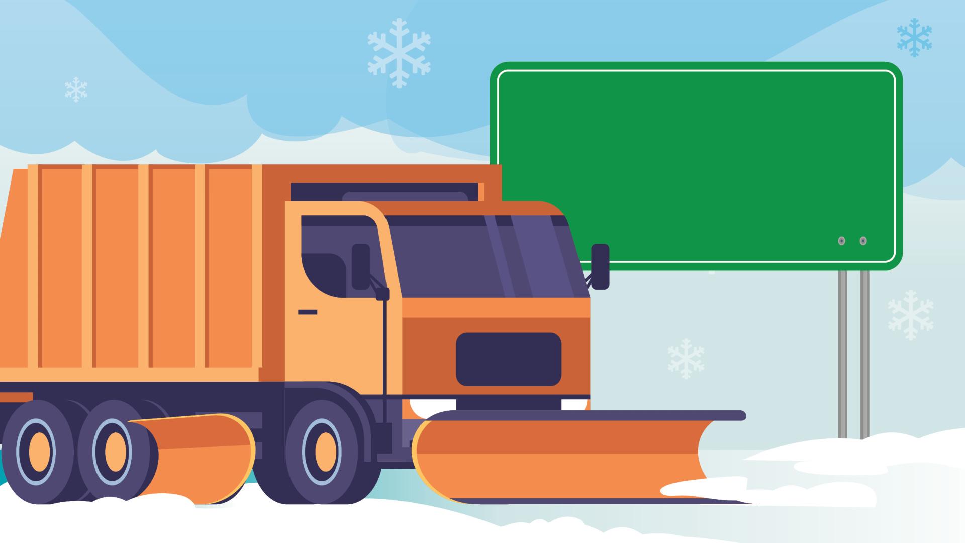 A stylized graphic of a provincial plow sitting next to a blank green road sign on a snowy day.