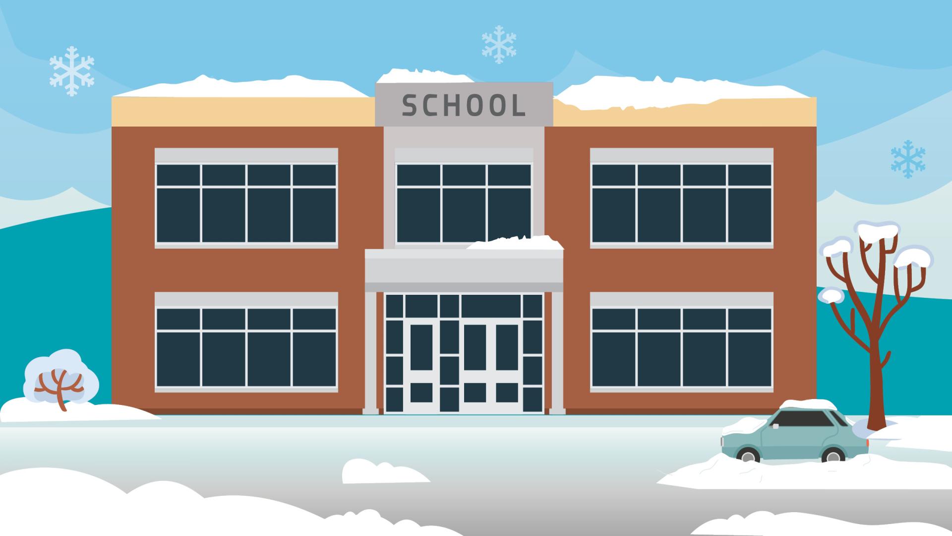 A stylized graphic of a school covered in snow.