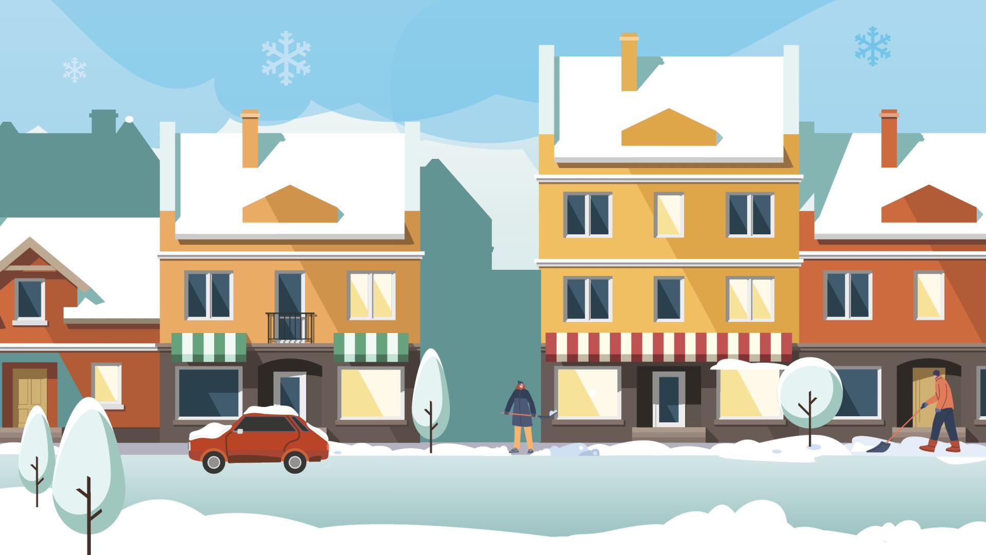 A stylized graphic of a snow covered street.