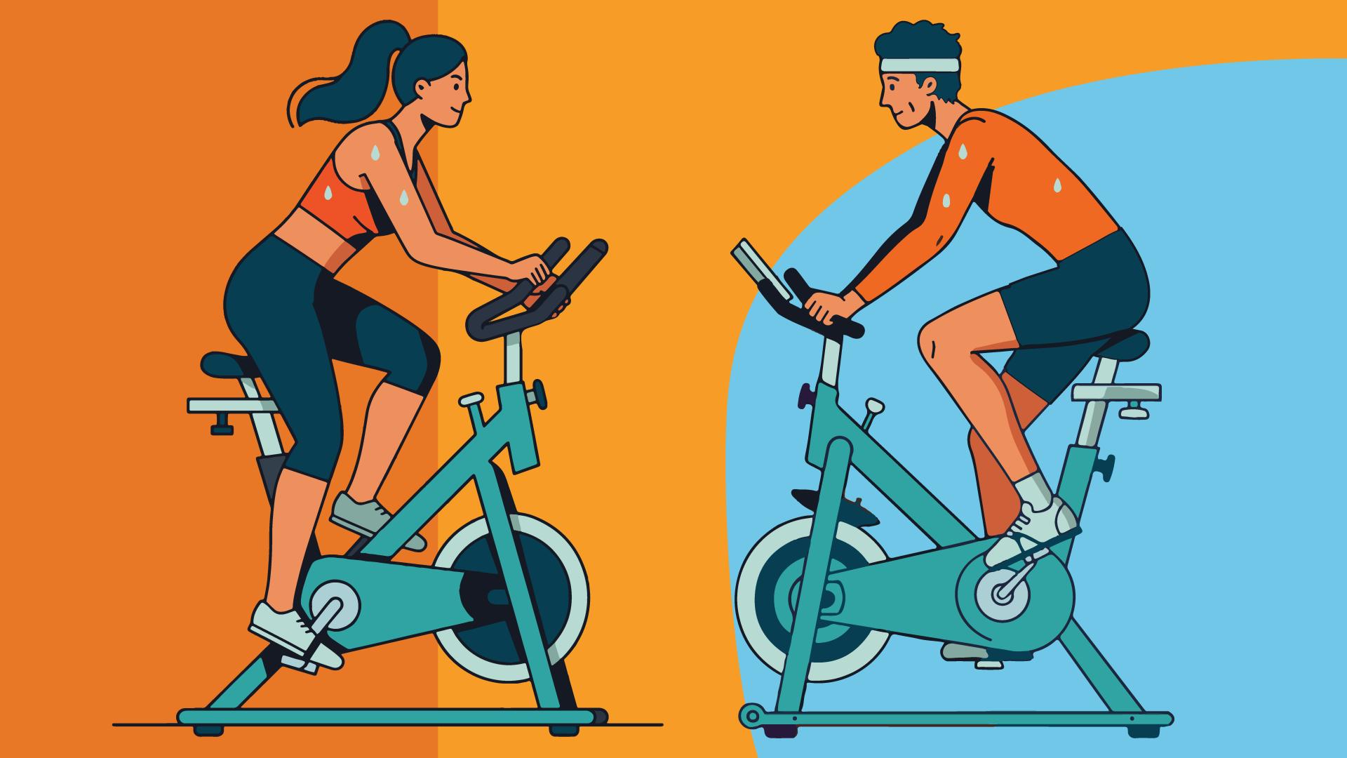 Illustrated Man and Woman On Spin Bikes with Colourful Background