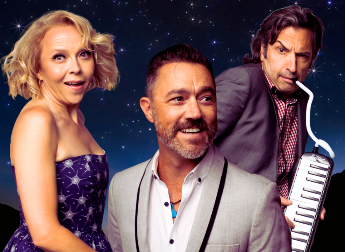 The main cast of the Comedy Department's Saturday Night Laughs stands against a starry background.