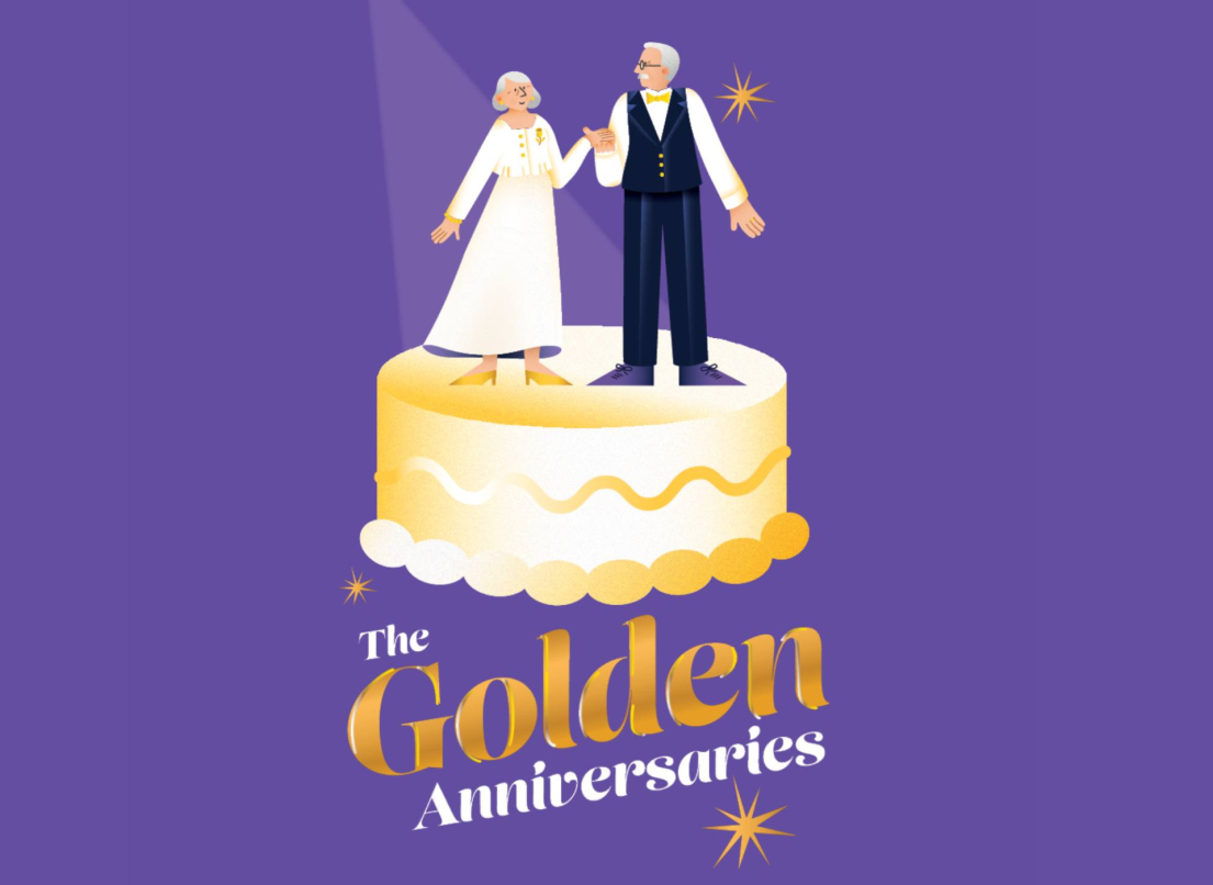 A stylized white-and-gold wedding cake with elderly groom and bride toppers sits above the words "The Golden Anniversaries" against a purple background.