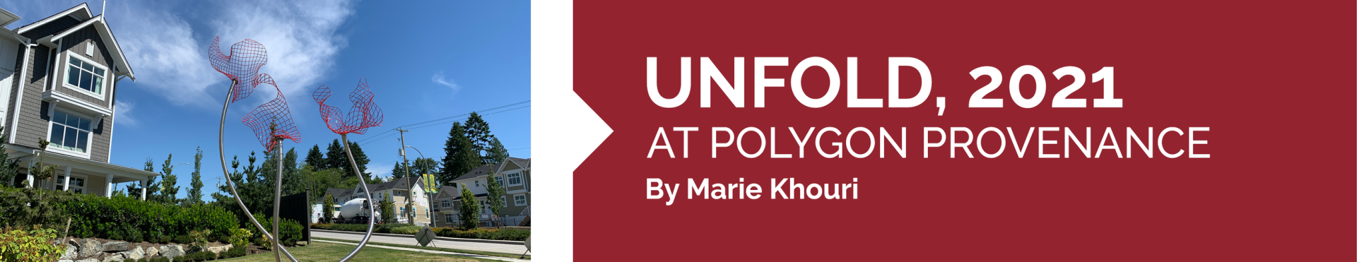 Unfold structure displayed near some residential buildings. The structure is of some long metal tubes with red metal meshes coming out of their end.