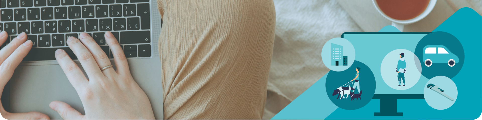 Overview of a Person on a Laptop with an Illustration of People in Various Activities