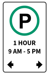 A street sign indicating one hour parking in its immediate vicinity between 9 am and 5 pm.